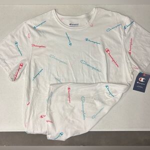 Champion White Tee with Colorful Logos